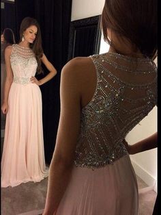 A-Line/Princess Scoop Chiffon Sweep/Brush Train Prom Dress with Beading Top Light Pink Prom Dress Long, Prom Things, Beaded Bodice Prom Dress, Cheap Prom Dresses Uk, Light Pink Prom Dress, Prom Dresses Long Pink, Winter Formal Dresses, Pink Prom Dress