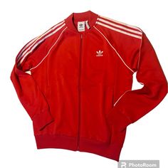 Adidas, Men’s Jacket; No Signs Of Having Been Used. No Tag. Adidas Casual Red Track Jacket, Adidas Red Track Jacket For Streetwear, Casual Red Track Jacket With Three Stripes, Vintage White Track Jacket, Red Track Jacket With Three Stripes, Sporty Red Outerwear With Three Stripes, Adidas Red Outerwear For Streetwear, Adidas Red Streetwear Outerwear, Adidas Jackets