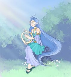 a woman with long blue hair sitting in the grass holding a sun wheel and wearing sandals