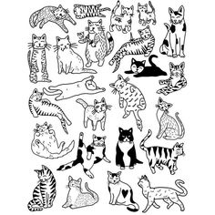 a bunch of cats that are drawn in black and white