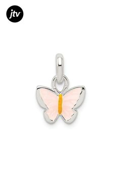 Sterling silver children's pink and orange enameled butterfly pendant with polished finish. Measures approximately 9/16"L x 3/8"W. Pink Sterling Silver Charm Necklace, Pink Sterling Silver Charm Necklaces, Cute Silver Jewelry With Butterfly Charm, Pink Butterfly Charm Pendant Jewelry, Personalized Pink Sterling Silver Charms, Nickel-free Pink Sterling Silver Charm Necklaces, Sterling Silver Jewelry With Pink Butterfly Charm, Pink Sterling Silver Jewelry With Butterfly Charm, Nickel Free Pink Sterling Silver Charms