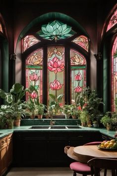 an ornate kitchen with stained glass windows and potted plants on the counter top in front of it