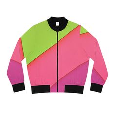 Few items are as iconic as the bomber jacket - and this one takes things to a whole new level. Featuring a stand-collar type, ribbed cuffs, collar, and hem, it's as durable as it's comfortable. Add your custom, all-over-print ideas to this women's bomber jacket and make it cute, badass, or both. .: 100% polyester .: Regular fit .: Stand-collar type .: Black lining, collar, cuffs and hem bottom .: Copper zipper closure .: Printed, cut and sewn in China Photo by Adobe Stock Spring Streetwear Track Jacket With Ribbed Cuffs, Trendy Spring Track Jacket With Ribbed Cuffs, Spring Track Jacket With Ribbed Cuffs For Streetwear, Trendy Track Jacket With Ribbed Cuffs For Spring, Spring Varsity Jacket With Ribbed Collar For Streetwear, Spring Urban Track Jacket With Ribbed Cuffs, Fitted Cotton Varsity Jacket For Spring, Retro Spring Varsity Jacket For Streetwear, Trendy Pink Track Jacket For Streetwear