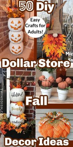 some pumpkins and other decorations are on display in front of a brick building with the words dollar store fall decor ideas