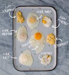 an overhead view of eggs on a baking sheet with the words, scrambled eggs and other ingredients