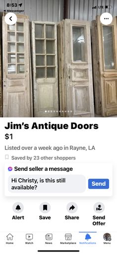 an ad for antique doors is shown on the facebook page, and it appears to be fake