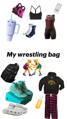 a poster with different types of clothing and shoes on it's side, including the words my wrestling bag