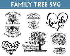 the family tree svg bundle is shown in black and white, with different designs