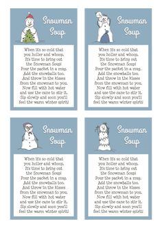 four snowman soup recipe cards with instructions