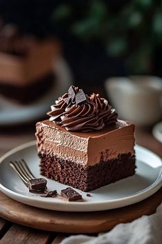 a piece of chocolate cake on a white plate