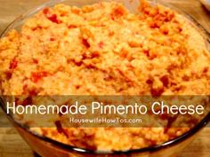 homemade pimentoo cheese in a glass dish on top of a wooden table with the words homemade pimentoo cheese above it