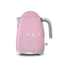 a pink electric kettle with the word smeg on it's front and side