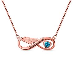 Angel Infinity Birthstone Necklace represents infinite guardian of the angel.Angel wings represent guardian, infinity represents eternity. Choose the birthstone  of your love one , customized this exquisite infinity charm so that angels always guard her . Rose Gold Infinity Necklace For Anniversary, Infinity Birthstone Necklace For Gifts, Personalized Infinity Rose Gold Jewelry, Personalized Rose Gold Infinity Jewelry, Valentine's Day Rose Gold Infinity Necklace, Angel Wing Necklace, Infinity Charm, Your Guardian Angel, Infinite Love