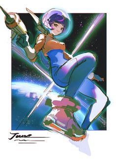 an anime character is flying through the air with a space shuttle in her right hand