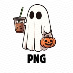 a cartoon ghost holding a drink in front of the word png on a white background