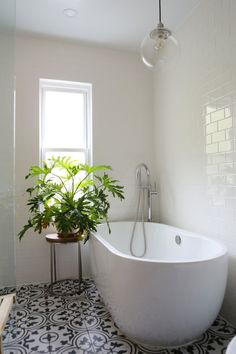 a white bath tub sitting under a window next to a plant in a vase on the floor