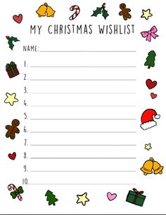 a christmas wish list with santa claus and other holiday items on the top of it