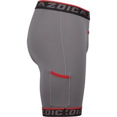 the side view of a men's gray shorts with red accents and black lettering