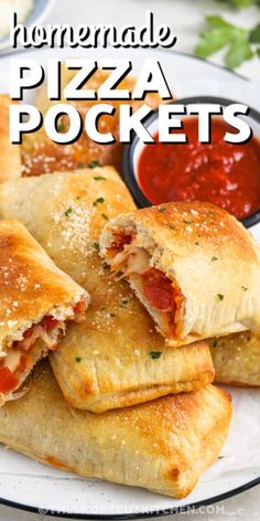 homemade pizza pockets on a plate with sauce