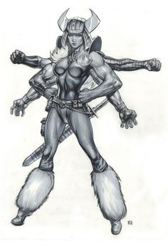 a pencil drawing of a woman with horns and claws on her head, standing in front of