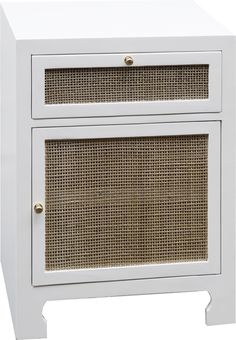 an image of a white cabinet with wicker on the front and bottom drawer doors