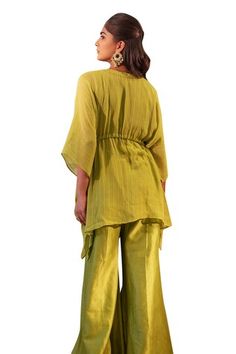 Lime kaftan featuring sequin hand embroidered neckline with tassel tie up waist. Paired with a flared pant. - Aza Fashions Traditional Summer Sets With Back Tassel Tie-up, Pant Women, Embroidered Neckline, Aza Fashion, Flare Pants, The Label, Hand Embroidered, Hand Embroidery, Flamingo