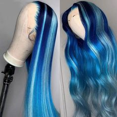 Blue Human Hair Wig with Light Blue Streak Transparent Lace Front Wigs – SULMY Light Blue Hair, Full Lace Front Wigs, Frontal Wig Hairstyles, 100 Remy Human Hair, Hair Color Blue, Front Lace Wigs Human Hair