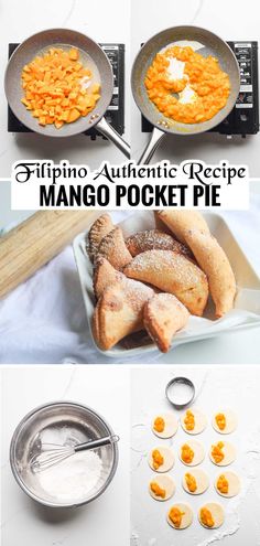 the process of making mango pocket pies is shown in three different stages, including baking