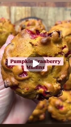 a person holding up a pumpkin cranberry muffin in front of other muffins