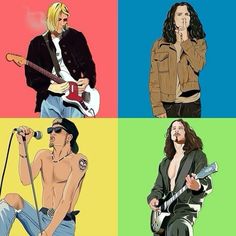 four different colored pictures of the same person playing guitar