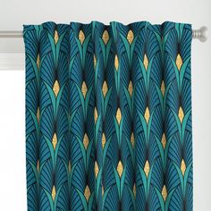 a curtain with blue and gold designs on it