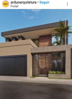 an architectural rendering of a modern house with two garages and palm trees in the background