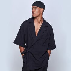 Black Linen Kimono, - Limited Edition 🌿 ️ 🌾 Shirt:  %100 Linen, Oversize fit,  Double breasted,   Asymmetrical front cut,  Side tie fastening,  Notched lapel,  Chest pocket       The kimono is only available for sale individually If you would like to purchase the kimono as a set, you will need to purchase the other item listed as well.  +Care Instructions Dry cleaning is recommended.        Model is wearing size Medium.             Height: 1.88m. Chest: 99 cm. Waist: 800 cm. Hips: 95 cm. Linen Outfits For Men, Linen Outfits, Japanese Traditional Clothing, Linen Kimono, Male Kimono, Korean Clothes, Black Kimono, Limited Edition Shirt, Mens Linen