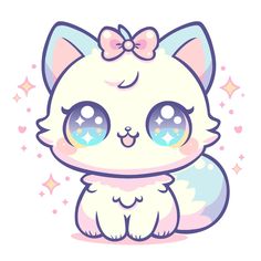 a cute little cat with big eyes and a bow on her head, sitting in front of stars