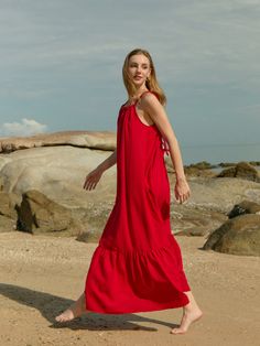 Olivia Open Back Maxi Dress in red | Red Maxi Dress | Open back dress in red Casual Maxi Dress With Knotted Straps For Vacation, Vacation Dress With Adjustable Straps In Red, Red Beach Dress With Adjustable Straps, Red Vacation Dress With Adjustable Straps, Red Ruffled Maxi Dress For Vacation, Red Ruffled Maxi Dress For Beach, Red Spaghetti Strap Maxi Dress For Beach, Red Maxi Dress With Ruffles And Spaghetti Straps, Red Spaghetti Strap Maxi Dress With Ruffles