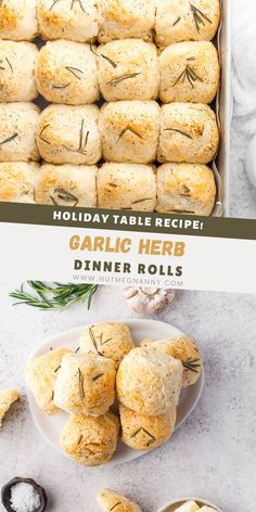 garlic herb dinner rolls on a white plate with rosemary sprigs in the background