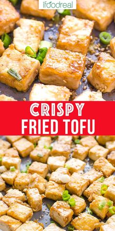 crispy fried tofu in a pan with green onions