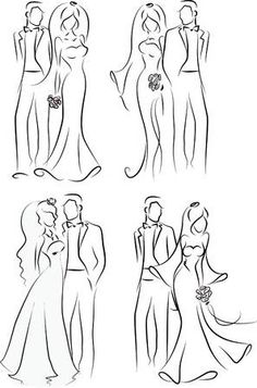 a line drawing of people dressed in formal wear, standing next to each other and kissing