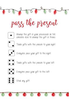 a christmas card with the words, pass the present and two dices on it