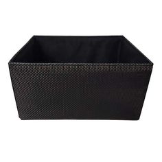 a large black basket with handles on the front and bottom, sitting against a white background