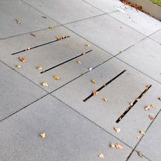 the sidewalk has fallen leaves on it and there is a broken fire hydrant next to it