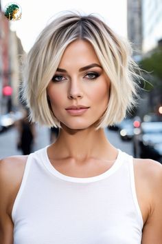 Entdecken Sie den perfekten Look für die moderne Stadtfrau! Dieser kühle, blonde Bob mit leichtem Ansatz strahlt Selbstbewusstsein und Stil aus. Der strukturierte Schnitt bietet mühelose Eleganz für Büro und Freizeit. Kombinieren Sie ihn mit natürlichem Make-up für einen unwiderstehlichen urbanen Look. #CityBob #BlondeHaare #GroßstadtStyle  #BlonderBob #StädtischerHaarstil #KurzeHaare #ModerneFrisur #StrukturierterSchnitt #TrendFrisur2024 #AlltagsGlamour #EasyStyleHaar #BlondeBalayage #ChicerBobschnitt Julianne Hough Hair Short Bob Long Pixie, Short Modern Bob Hairstyles, Razor Edge Bob, Short Fine Blonde Hairstyles, How To Style A Line Bob, Short Hairstyles For 2024, Blonde Hair Bob Short, Bob Hairstyles For Thinning Hair, Short Blond Hairstyles