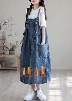 Plus Size Blue-sunflower Drawstring Pocket Spaghetti Strap Cotton Denim Dress Spring Zara Baby Girl, Long Denim Skirt, Vestido Plus Size, Spring Fabric, Linen Maxi Dress, Dress Spring, Sweater Blouse, Printed Maxi Dress, Spring Dresses