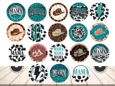 many different stickers with the words mama and some animal print on them, all in blue