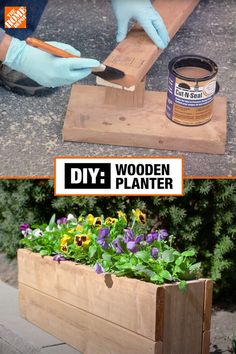 two pictures showing how to make a wooden planter box with flowers in it and the words diy written on top