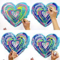 the process of painting a heart with acrylic paint is shown in four different stages