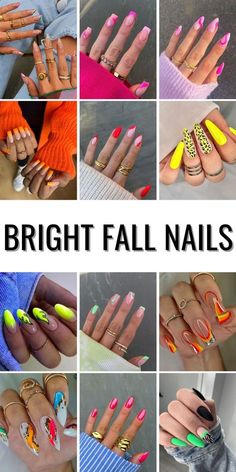 Bright Colors Nails Acrylic, Cute Acrylic Art, Bright Fall Nails, Fall Nails Ideas, Autumn Look, Pointed Nails, Short Acrylic, Bright Nails