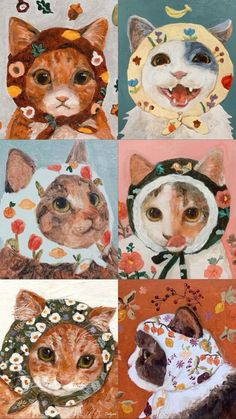 four different pictures of cats wearing hats and scarves with flowers on them, one has a cat's head in the middle