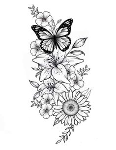 a black and white drawing of flowers with butterflies on it's back side,