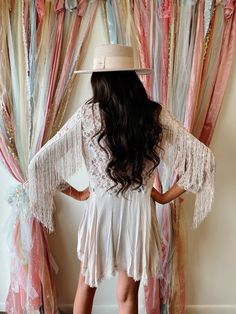 Color is a pale blush. This boho tunic is super lightweight and absolutely gorgeous with the fringe detailing on the arms and the lace throughout the top side of the tunic. •I recommend sizing up in this tunic for the best fit. Bohemian Long Sleeve Fringe Blouse, Bohemian Long Sleeve Blouse With Fringe, Bohemian Blouse With Lace Sleeves, Bohemian Lace Top For Party, Bohemian Beige Lace Top For Vacation, Beige Bohemian Lace Top For Vacation, Bohemian Cream Lace Top For Beach, Spring Bohemian Embroidered Lace Top, Cream Bohemian Lace Top For Beach